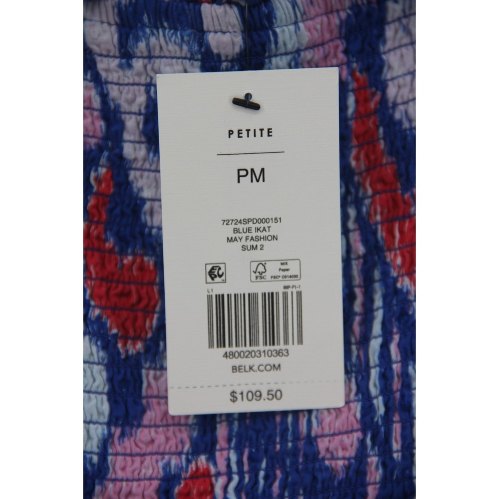 Crown & Ivy Maxi Dress PM Blue Ikat Print Cotton Swiss Dot Smocked Tie NWT #664 - Picture 8 of 14